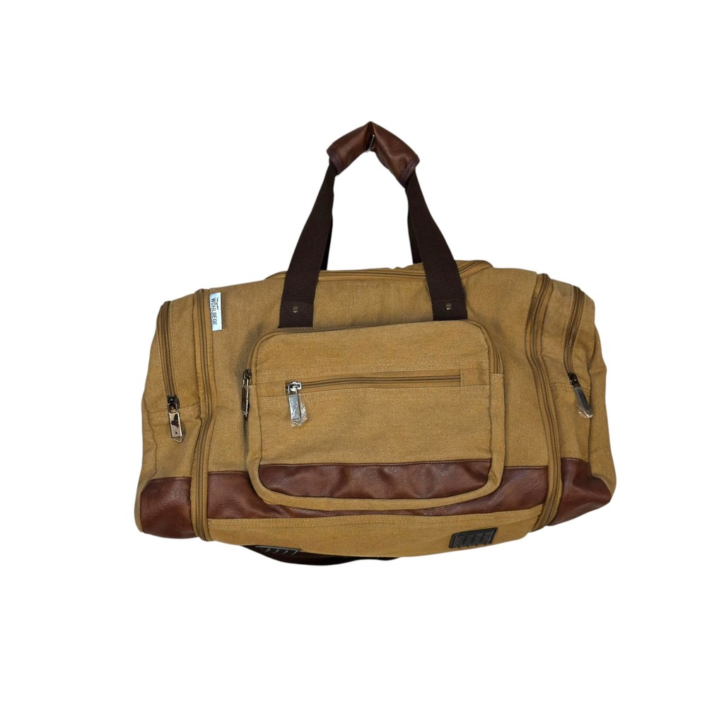 WOHLBEGE Canvas Duffle Bag OS Tan Brown Faux Leather Trim Rugged Travel Weekend